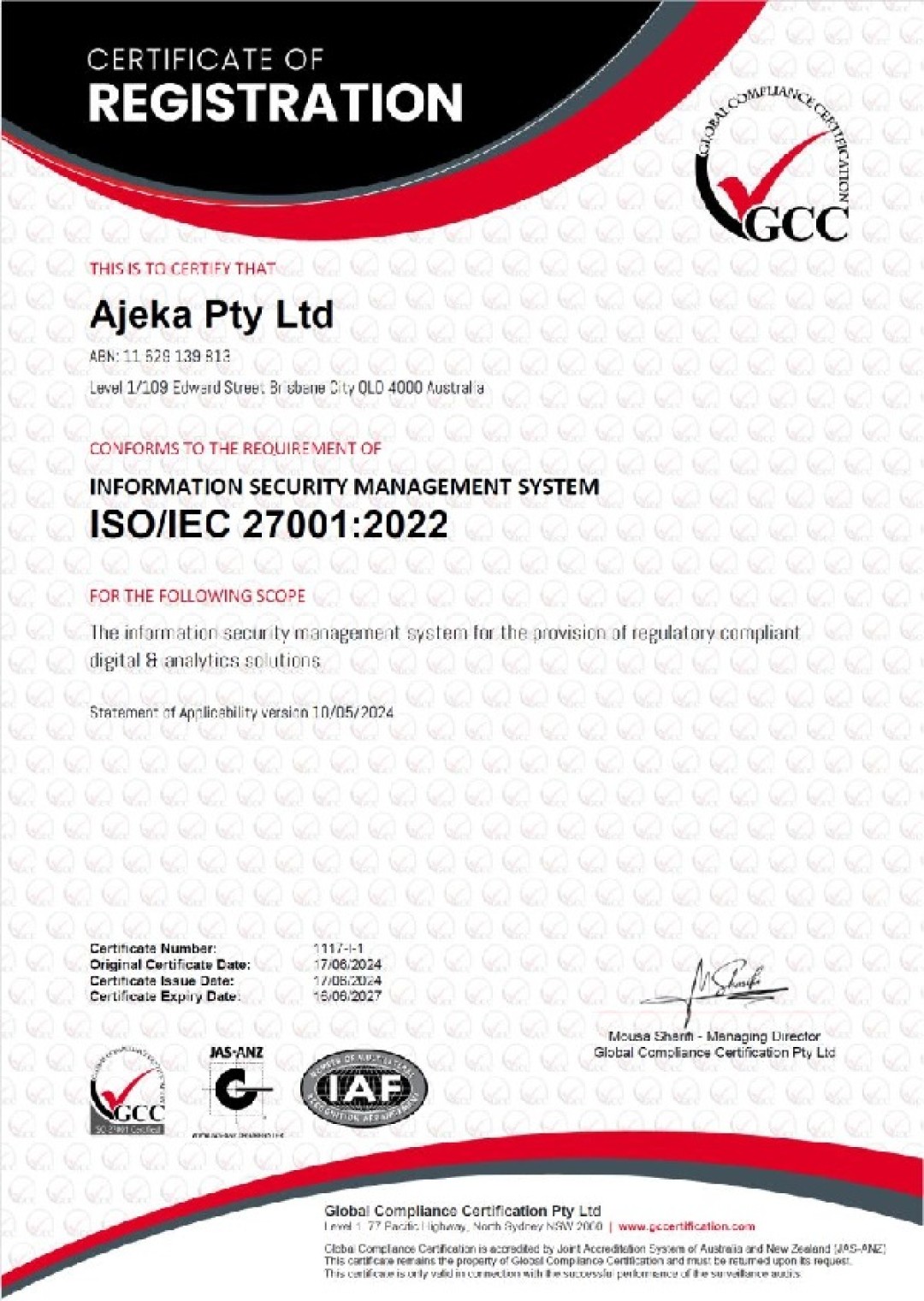 Ajeka Pty Ltd: ISO27001 Certificate